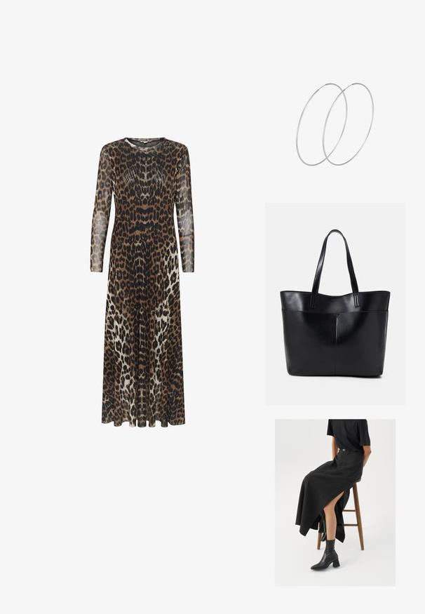 Robe longue et transparente avec un motif léopard en brun, noir et crème. Encolure arrondie et manches longues ; silhouette A-line fluide.; Jupe maxi en lin noir avec une fente haute, portée avec un t-shirt noir et des bottes de cheville noires. Design minimaliste avec une coupe décontractée.; Sac fourre-tout en cuir noir avec deux longues poignées, une texture lisse et une forme structurée. Dispose d'une poche avant pour un rangement supplémentaire.; Boucles d'oreilles en argent au design minimaliste. Forme circulaire, texture lisse et profil fin. Légères avec une finition polie.