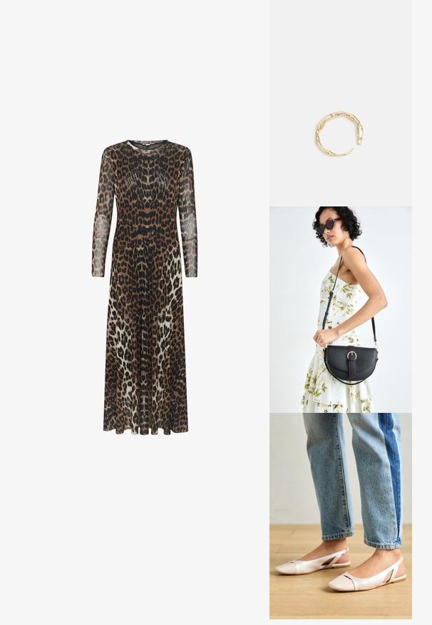 Duga, prozračna haljina s uzorkom leopard tiska u smeđoj, crnoj i krem nijansi. Okrogli izrez i duge rukave; lepršavi A-linijski kroj.; Svijetlo ružičaste slingback balerinke s šiljastim vrhom, izrađene od glatkog materijala nalik koži. Sadrže izrezane detalje sa strane i ravnu petu.; Crna kožna torba s lukovitim oblikom, odvojivim remenom i zlatnim detaljima. Torba ima preklop s kopčom.; Prsten u zlatnoj nijansi s organskim, uvijenim dizajnom, glatkom teksturom i suženim krajevima, koji stvara moderan, skulpturalni izgled.
