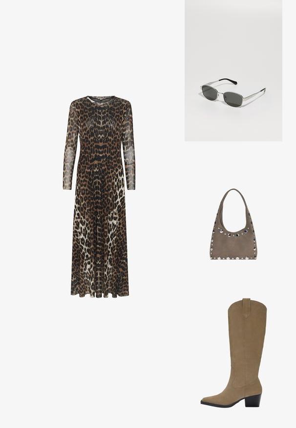 Robe longue et transparente avec un motif léopard en brun, noir et crème. Encolure arrondie et manches longues ; silhouette A-line fluide.; Bottes en suède beige jusqu'aux genoux avec un bout pointu, un talon empilé et des détails de couture le long des côtés. Texture lisse et design structuré.; Lunettes de soleil avec des verres gris, monture en métal argenté slim, accents transparents et embouts noirs sur les branches. Elles ont une forme ovale.; PULL&BEAR SHOPPER - Cabas - grey
