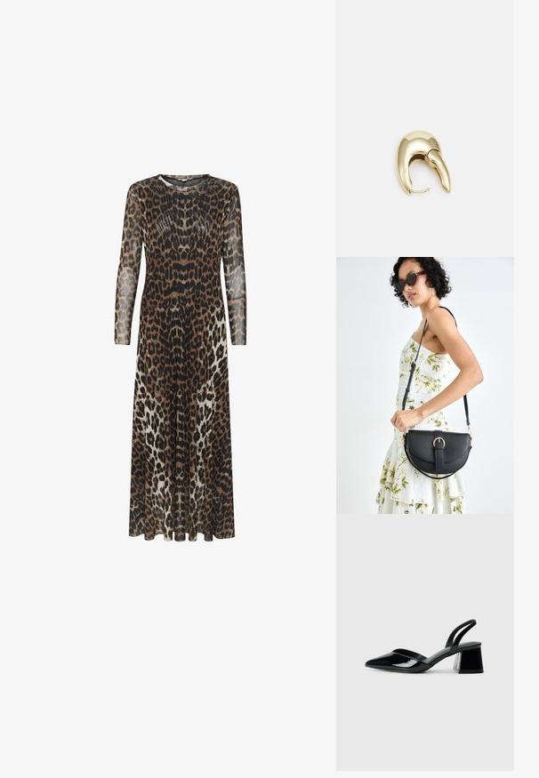 Long, sheer dress featuring a leopard print pattern in brown, black, and cream. Rounded neckline and long sleeves; flowing A-line silhouette.; Black patent leather slingback heels with a pointed toe and a geometric block heel. Features a sleek, minimal design and smooth texture.; Black leather handbag with a curved shape, detachable strap, and gold hardware. The bag features a flap with a buckle detail.; Gold-tone metal earring with a sleek, curved design. Features a distinctive pointed shape, polished surface, and hinge closure.