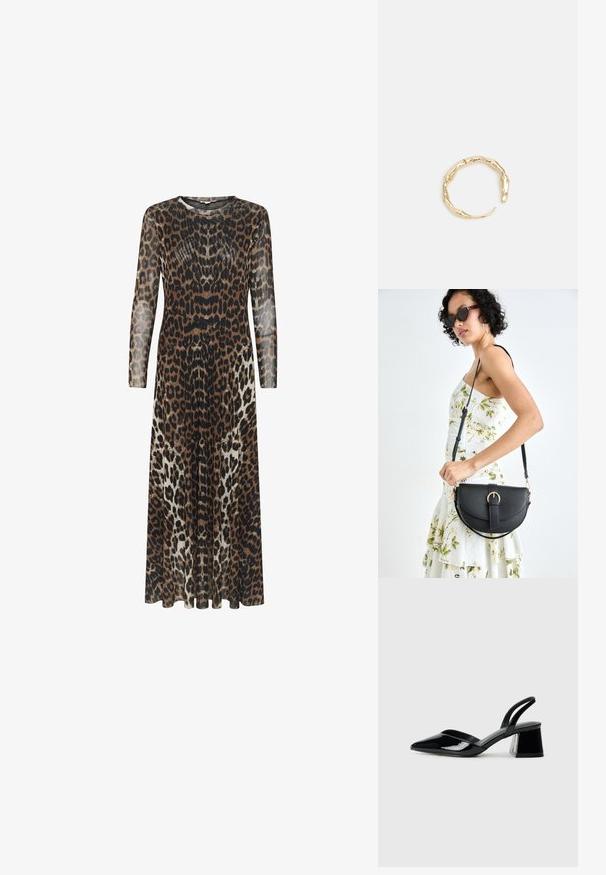 Langes, durchsichtiges Kleid mit einem Leopardenmuster in Braun, Schwarz und Creme. Rundhalsauschnitt und lange Ärmel; fließende A-Linie-Silhouette.; Schwarze Lackleder-Slingback-High Heels mit spitzem Schuh und einem geometrischen Blockabsatz. Verfügt über ein schlankes, minimalistisches Design und eine glatte Textur.; Schwarze Lederhandtasche mit geschwungener Form, abnehmbarem Tragegurt und goldenen Beschlägen. Die Tasche verfügt über einen Deckel mit einer Schnallen-Details.; Goldfarbener Ring mit einem organischen, gedrehten Design, glatter Oberfläche und sich verjüngenden Enden, was ein modernes, skulpturales Erscheinungsbild erzeugt.