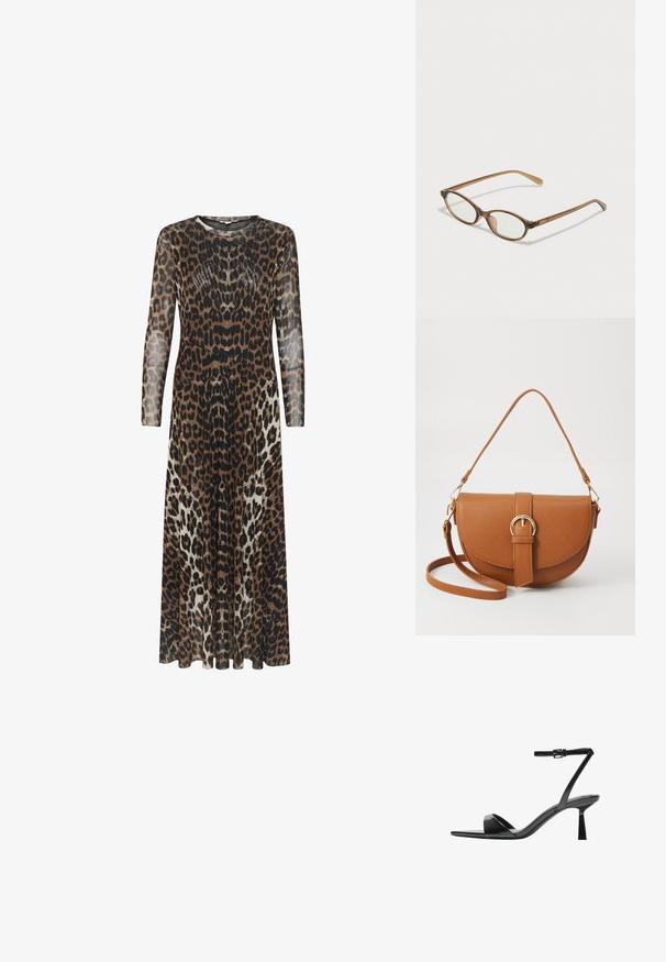 Long, sheer dress featuring a leopard print pattern in brown, black, and cream. Rounded neckline and long sleeves; flowing A-line silhouette.; Bershka High heeled sandals - black; Brown tortoiseshell glasses with oval lenses, thin arms, and transparent accents. Features a subtle logo on the temple. Sleek, lightweight design.; Brown leather crossbody bag with a curved shape, gold hardware, and a buckle accent. Features a detachable shoulder strap.
