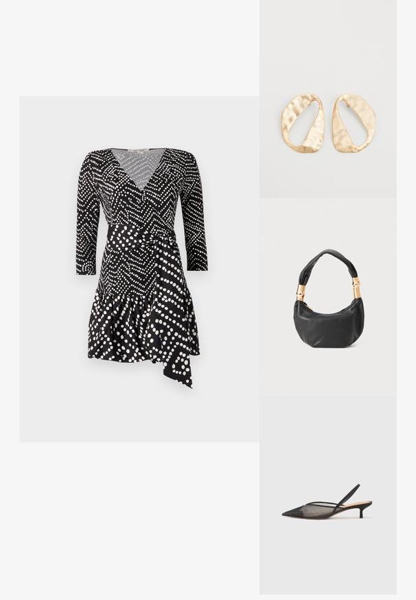 Vestido preto envolvente com bolinhas brancas, apresentando um decote em V, mangas três quartos e uma bainha com babados e detalhe de cintura atada.; NEOUS IRENA - Saltos clássicos - black; Mala de mão em couro preto com forma redonda, textura suave e alça com nó, apresentando detalhes em metal dourado. Fecho em zíper.; Par de brincos irregulares em forma oval, feitos de metal dourado, com uma superfície texturizada e ligeiramente martelada, sobre um fundo branco.