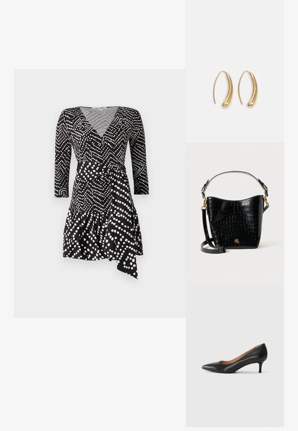 Mustlehted must kleit valgete täppidega, millel on V-kaelus, kolmveerandvarrukad ja volangiga hem koos seotud vöödetailiga.; Must musta musta, millel on terav nina, madal konts ja sile tekstuur. Omab pisut avatud osa ees ja minimaalset riistvara taga.; Mustad krokodillimustriga must nahast kott, millel on kõver kuju, kuldse riistvara aktsessid, reguleeritav rihm ning logodetail esiosas.; Kuldtoonilised metallist rõngas kõrvarõngad, millel on kõver ja piklik kuju. Omavad siledat, läikivat pinda ja ümarat tipptugevdust, mis lisab detaili.