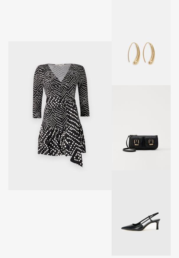 Črna obleka s polka pikami, z V-izrezom, rokavi do tri četrtine in naboranim robom ter z detajlom vezanega pasu.; Črne lakaste slingback pete s koničastim nosom, ki imajo teksturiran vzorec kačje kože, nastavljiv trak in kratek teksturiran blok peto.; Črna usnjena torbica čez ramo z dvema sprednjima žepoma, zlatimi zaponkami, zadrgo in ozkim pasom. Tekstura površine je strukturirana, obliko pa ima kompaktno pravokotno.; Zlato-tonirani kovinski uhani v obliki obroča s krivuljo in podolgovato obliko. Imajo gladko, sijočo površino in zaobljen vrh za dodaten detajl.