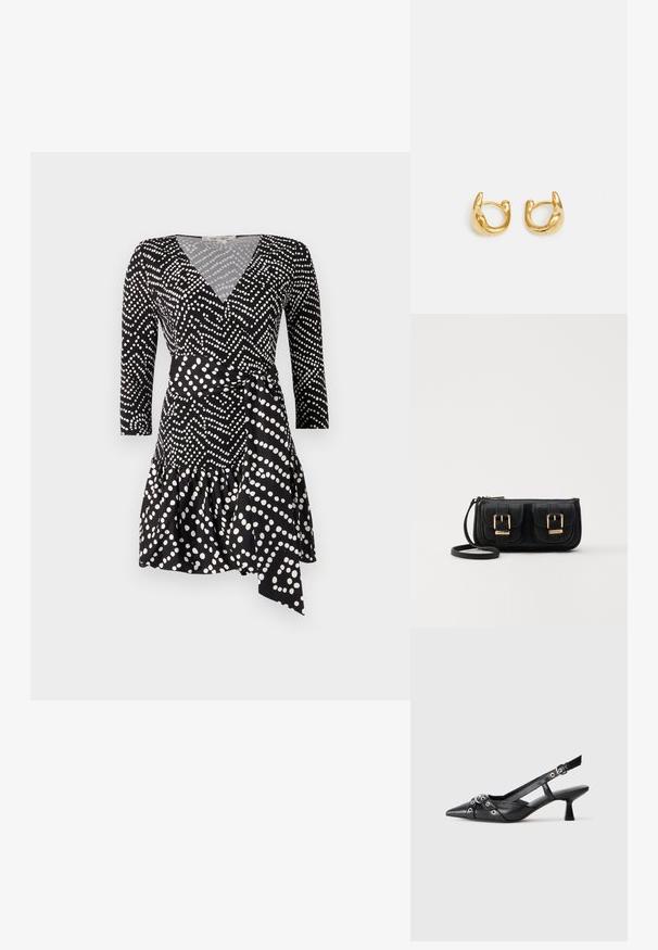 Czarna sukienka kopertowa w białe kropki, z dekoltem w kształcie litery V, rękawami do trzech czwarte i falbaną na dole oraz wiązaniem w talii.; Czarne skórzane buty typu slingback z ostrym noskiem, ozdobnymi paskami z metalowymi oczkami oraz niskim klinowym obcasem. Teksturowana powierzchnia.; Czarna skórzana torba na ramię z dwoma przednimi kieszeniami, złotymi klamrami, zamkiem błyskawicznym i cienkim paskiem. Teksturowana powierzchnia i kompaktowy prostokątny kształt.; Złote kolczyki w kształcie hoop charakteryzujące się gładkim, zaokrąglonym wzornictwem z połyskliwym wykończeniem. Kolczyki mają kompaktowy, masywny kształt oraz bezszwowy zamek.