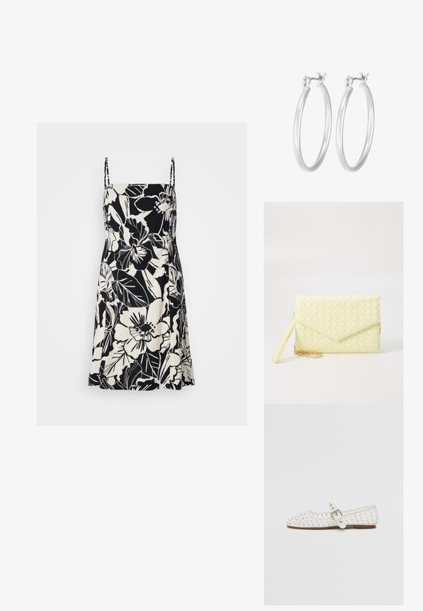 Črna in bela obleka s cvetličnim potiskom z tankimi naramnicami, do kolen, izdelana iz lahkega materiala. Ima velike vzorce cvetov in listov.; Bela ravna čevlja s koničastim nosom, okrašena s srebrnimi žebljički, ima zaponko preko instep-a in svetlo rjavo podplato.; Rumena pletena torbica za ključe z zapiralom, odstranljivim zapestnim trakom in zlatim verižnim poudarkom. Gladka tekstura in pravokotna oblika.; Srebrni obroči za ušesa z gladko, polirano površino. Okrogla oblika in varna zaponka s klikom. Lahka zasnova, primerna za vsakodnevno nošenje.