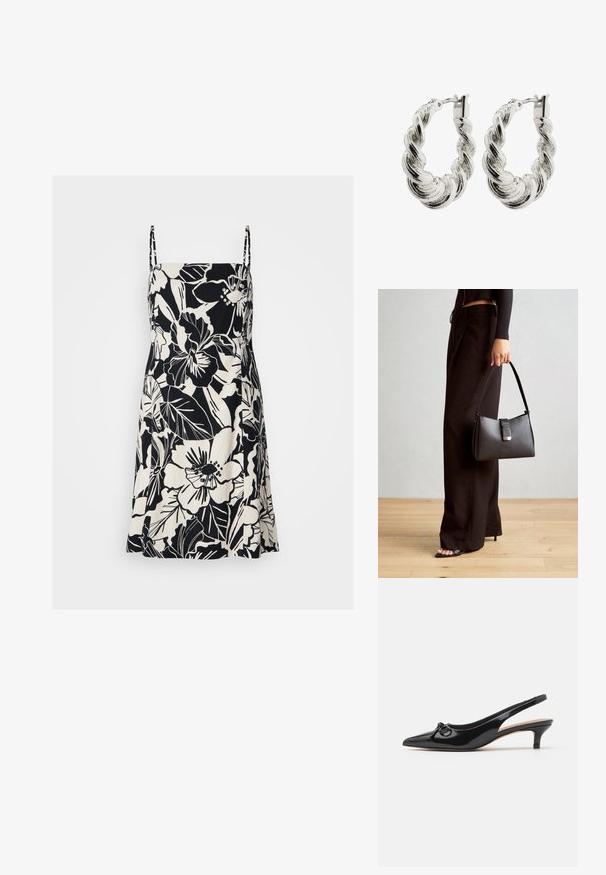Čierno-biely kvetinový potlačový šaty s tenkými ramienkami, po kolená, vyrobené z ľahkej látky. Má veľké vzory kvetov a listov.; Čierna lakovaná slingback obuv s špicatou špičkou, malým opätkom a ozdobnou mašľou na nártovej časti. Celkový hladký povrch.; Čierna kabelka so štruktúrovaným tvarom, hladkou textúrou a kovovou sponou. V kombinácii so širokými čiernymi nohavicami a sandálmi s otvorenou špičkou na drevenej podlahe.; Zvrtnuté strieborné kruhové náušnice s lesklým povrchom, s opletenou textúrou a bezpečným zapínaním.