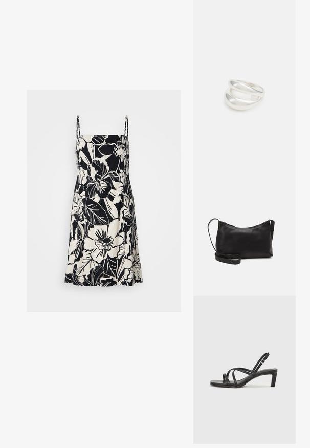 Melnbalts ziedu raksts kleita ar plāniem siksniņām, līdz ceļgaliem, izgatavota no viegla auduma. Iezīmējas ar lieliem ziedu un lapu motīviem.; Melnas strappy sandales ar kvadrātveida purngaliem un zemu bloku papēdi. Ievērojamas ar vairākiem plāniem siksniņām un regulējamu potītes siksniņu. Izgatavotas no gludas ādas.; Melna ādas plecu soma ar gludu tekstūru, izliekta forma, regulējama siksna un rāvējslēdzēja aizdare. Minimālistisks dizains bez rotājumiem.; Sudraba divu joslu gredzens ar gludu, pulētu virsmu. Iezīmējas ar plūstošu, izliekta dizaina struktūru ar pārklājošām sekcijām modernam izskatam.