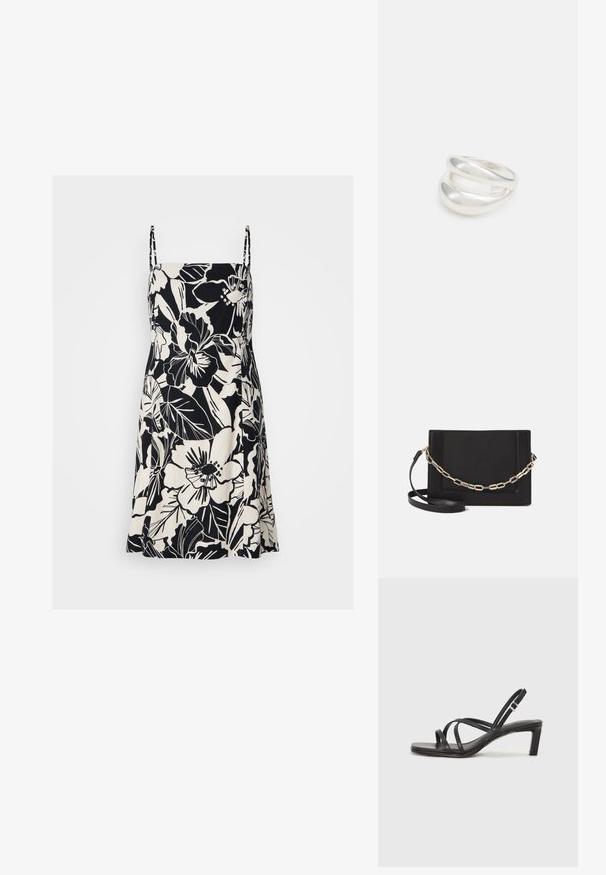 Melnbalts ziedu raksts kleita ar plāniem siksniņām, līdz ceļgaliem, izgatavota no viegla auduma. Iezīmējas ar lieliem ziedu un lapu motīviem.; Melnas strappy sandales ar kvadrātveida purngaliem un zemu bloku papēdi. Ievērojamas ar vairākiem plāniem siksniņām un regulējamu potītes siksniņu. Izgatavotas no gludas ādas.; Melna ādas crossbody soma ar gludu faktūru, taisnstūrveida formu un metalizētu ķēdes detaļu priekšā. Iekļauta regulējama siksna.; Sudraba divu joslu gredzens ar gludu, pulētu virsmu. Iezīmējas ar plūstošu, izliekta dizaina struktūru ar pārklājošām sekcijām modernam izskatam.