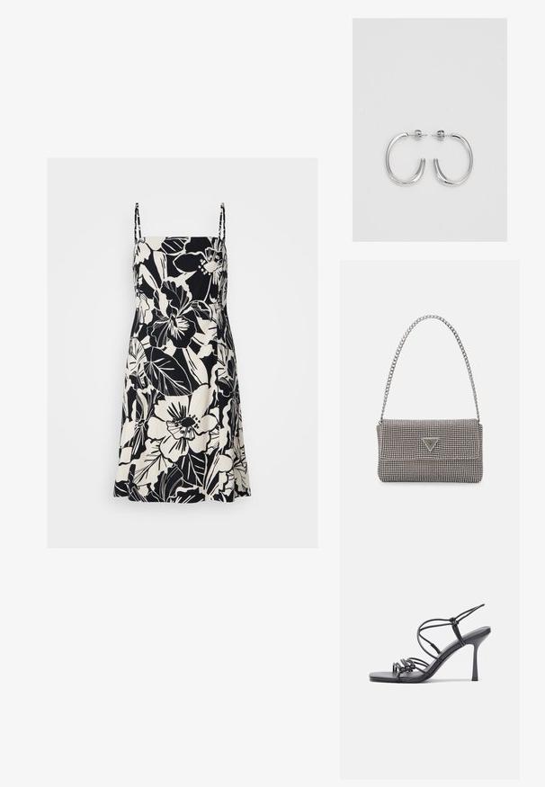 Rochie cu imprimeu floral alb-negru, cu bretele subțiri, până la genunchi, realizată dintr-un material ușor. Prezintă modele mari de flori și frunze.; Sandale negre cu toc înalt au curele subțiri cu un design legat, un vârf pătrat neted și un toc stiletto elegant.; Geantă metalică gri deschis, cu un strap din lanț, decorată cu mici ținte circulare metalice și un logo de marcă triangular.; Cercei rotunzi din argint cu un finisaj neted și strălucitor. Design ușor, având o formă rotundă și închidere cu tijă.