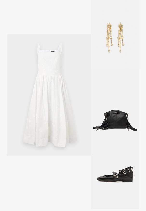 Fehér ujjatlan ruha négyszögletű nyakkivágással és hímzett virágmintákkal. Teljes, redőzött szoknya és láthatatlan cipzár záródás a hátsó részen.; Fekete lakkbőr lapos cipő négyzet alakú orral, ezüst hardware-rel ellátott bokapánttal és lapos talppal. Simaságával és minimalista dizájnjával kiemelkedő.; Maje MISS MINI - Keresztpántos táska - noir; Aranyszínű fülbevalók, több zuhanó lánccal, tiszta ovális strasszköves díszítéssel és dekoratív fülbevaló tetejével.