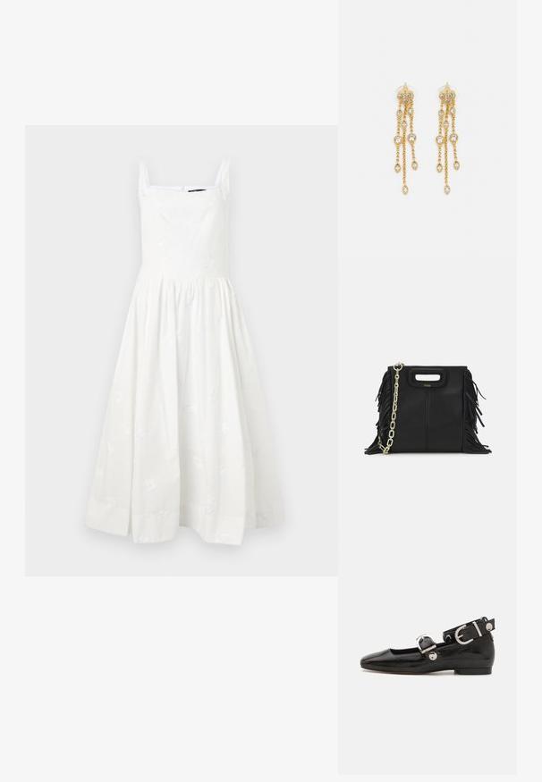Biela bezrukávová šaty s štvorcovým výstrihom a vyšívanými kvetinovými detailmi. Plná, nariadená sukňa a skrytý zips na zadnej strane.; Čierne lakované baleríny so štvorcovou špičkou, remienkom okolo členka so striebornými prvkami a plochou podrážkou. Hladký povrch s minimalistickým dizajnom.; Čierna kožená kabelka s strapcami, zlatým reťazovým ramenným popruhom a vykrojenou rukoväťou. Na prednej strane sa nachádza logo.; Zlaté náušnice s mnohými kaskádovými reťazcami, ozdobené jasnými oválnymi kryštálmi a dekoratívnymi puzdrami.