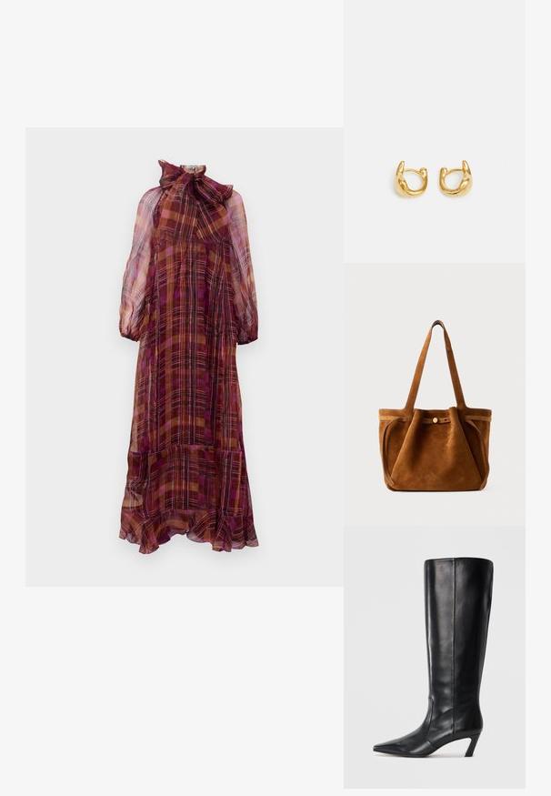 Un vestido largo y transparente de cuadros multicolores con un dobladillo rizado y un cuello alto con un lazo atado. Las mangas son abullonadas con un puño elástico.; Botas de cuero negro hasta la rodilla con punta afilada, tacón delgado, textura suave y un detalle de costura mínima.; Bolso tote de ante marrón con asas dobles, una correa de cierre con botón y una forma relajada, ligeramente caída.; Pendientes de aro dorados con un diseño suave y redondeado, acabado pulido. Los pendientes tienen una forma compacta y robusta, y un cierre sin costuras.