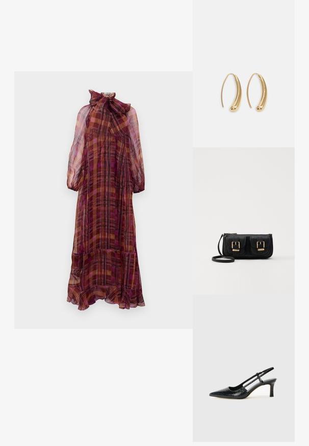 Rochie lungă, transparentă, cu un pattern în carouri multicolore, având o margine volanată și un guler înalt cu fundă. Mânecuțele sunt bufante, cu elastic la mansetă.; Pantofi cu toc slingback negri din patent, cu vârf ascuțit, cu imprimeu de șarpe texturat, curea ajustabilă și toc scurt texturat.; Geantă neagră din piele, tip crossbody, cu două buzunare frontale, catarame aurii, închidere cu fermoar și o curea subțire. Suprafață texturată și formă rectangulară compactă.; Cercei din metal auriu, cu un design curbat și alungit. Au o suprafață netedă și strălucitoare, cu un vârf rotunjit pentru un detaliu suplimentar.