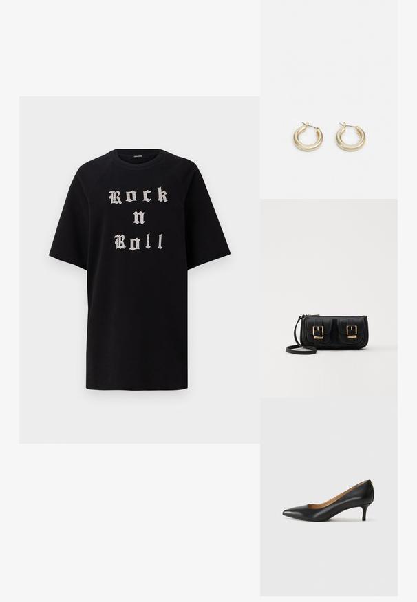 Svart oversized T-skjorte med "Rock n Roll" i sølv gotisk skrift. Laget av bomull, har korte ermer og rund hals.; Sorte lærpumpe med spiss tå, lav hæl og en glatt tekstur. Har en liten åpning foran og minimalt med beslag bak.; Svart skinn crossbody veske med to frontlommer, gyldne spenner, glidelåslukking og en slank stropp. Teksturert overflate og kompakt rektangulær form.; Lauren Ralph Lauren BASIC SMALL HOOP - Øredobber - gold-coloured
