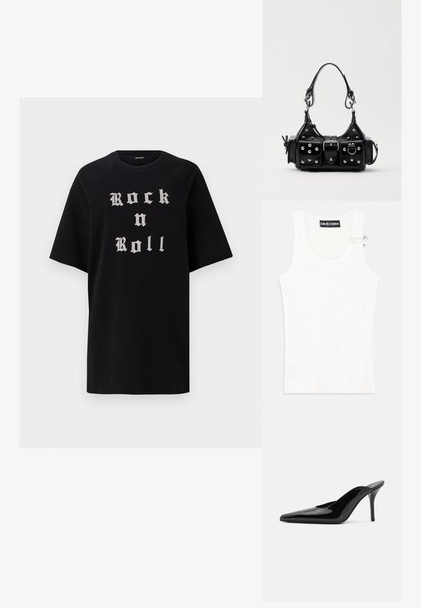 Musta ylisuuri T-paita, jossa on hopeinen goottilainen fontti "Rock n Roll". Paita on valmistettu puuvillasta, ja siinä on lyhyet hihat sekä pyöreä kaula-aukko.; Valkoinen ribattu hihaton toppi, jossa on pyöreä kaula-aukko ja metallinen yksityiskohta olkapäällä. Pehmeä rakenne, vartalonmyötäinen malli ja hihaton tyyli.; Mustat patentoidut korkeakorkoiset mulesandaalit, joissa on terävä kärki ja sulavalinjainen siluetti. Kenkäparissa on avonainen takaosa ja hoikka stiletto-korko.; Musta nahkainen käsilaukku, jossa on kaareva muotoilu, hopeiset niitit, solki ja kaksi sivutaskua. Säädettävä olkahihna erilaisiin kantovaihtoehtoihin.