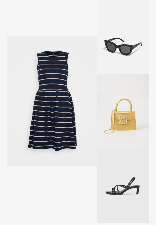 Mornarsko modra brezrokavnica z vodoravnimi kremnimi črtami, zaobljenim izrezom in nabranim pasom, ki ima razporkano krilo.; Črne natikače s trakovi in kvadratnim prstom ter nizkim blokastim peto. Imajo več tankih trakov in nastavljiv trak okoli gležnja. Narejene so iz gladkega usnja.; Črne mačke-oko sončna očala z mat zaključkom, ki imajo sive tonirane leče, ostre kote in eleganten stranski del. Ime blagovne znamke je vidno na notranjem ročaju.; Rumeno usnjeno-usnje z vzorcem krokodila, s strukturiranim dizajnom, zgornjo ročajem, snemljivo verižico in dekorativnim kristalnim okrasjem na zaponki.; Srebrn dvojni prstan z gladko, polirano površino. Ima tekoč, ukrivljen dizajn z prekrivajočimi se sekcijami za sodoben videz.