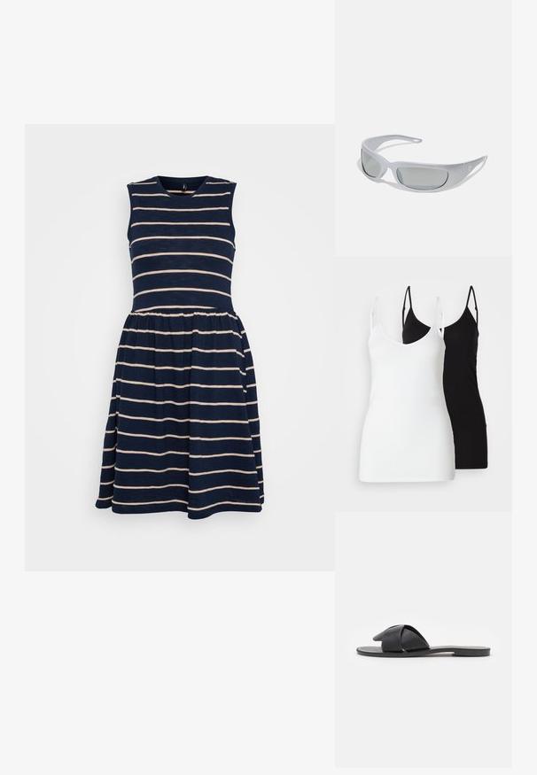 Tamsiai mėlyna suknelė be rankovių su horizontaliomis kreminėmis juostelėmis, apvaliu kaklu ir susilpninta juosmens linija, turinti platų sijoną.; Du moteriški marškiniai be rankovių: vieni balti, kiti juodi, pagaminti iš minkštos medžiagos, su plonomis petnešėlėmis ir giliu V formos iškirpimu.; Juodos slip-on šlepetės su kryžminėmis dirželiais. Pagamintos iš lygios odos, su plokščiomis padais ir minimaliais siūlais. Paprastas, atviras pirštų dizainas.; Akiniai nuo saulės su elegantišku, pilku plastiko rėmu, išlenktu dizainu ir pilkai tonuotais objektyvais. Išskirtinė detalė - logotipas ant vienos šakės.