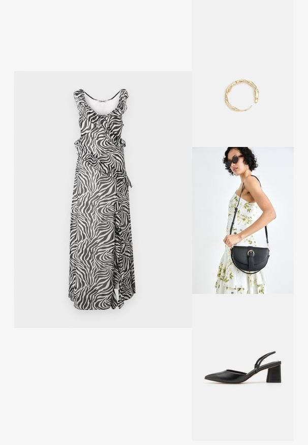 Liela kleita no caurspīdīga auduma ar melnbaltu zebras rakstu, ar ruffles apakšējo daļu un plūstošu sānu detaļu.; Melnas, norādītas, siksnas apavi ar atvērtu papēdi, izgatavoti no gludas ādas, ar zemu kvadrātveida papēdi un tievām siksniņām aizmugurē drošai piegulšanai.; Melnas ādas rokassoma ar izliekta formu, noņemamu siksnu un zelta aksesuāriem. Somai ir vāciņš ar sprādzes detaļu.; Zelta toņa gredzens ar organisku, vērptu dizainu, gludu virsmu un sašaurinātiem galiem, radot mūsdienīgu, skulpturālu izskatu.