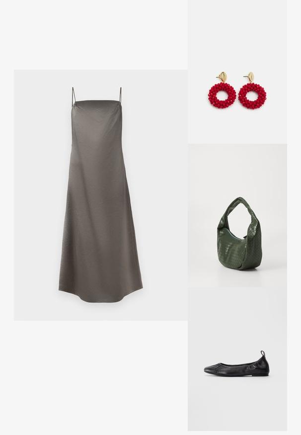 Rochie din satin, de tip slip, într-o nuanță gri estompat, cu bretele subțiri, croială lejeră și o suprafață texturată subtilă.; Balerini negri din piele cu vârf rotund, laterale din elastic gathered și un tab la călcâi, expuși pe un fundal deschis.; Geantă din piele țesută verde cu un maner curbat și închidere cu fermoar. Prezintă o suprafață texturată, cu un model și o formă moale, relaxată.; Cercei cerc cu mărgele roșii, având o suprafață texturată și un sistem de prindere din metal auriu. Formă circulară cu centru deschis și detalii cu mărgele rotunde.