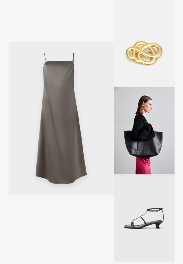 Sukienka z satynowego materiału w stonowanym szarym odcieniu, z cienkimi ramiączkami, luźnym krojem i subtelnie teksturowaną powierzchnią.; Czarne skórzane sandały z kwadratowym noskiem, cienkimi paskami, regulowanym paskiem przy kostce i niskim obcasem. Oferują mały złoty akcent na pasku.; Czarna skórzana torba tote o teksturowanym wykończeniu, z dwoma pionowymi liniami, podwójnymi paskami na ramię i minimalistycznym designem.; Brożka w odcieniu złotym z knotowym wzorem, posiadająca gładkie, zaokrąglone linie oraz misterny kształt, odzwierciedlająca wypolerowaną powierzchnię.