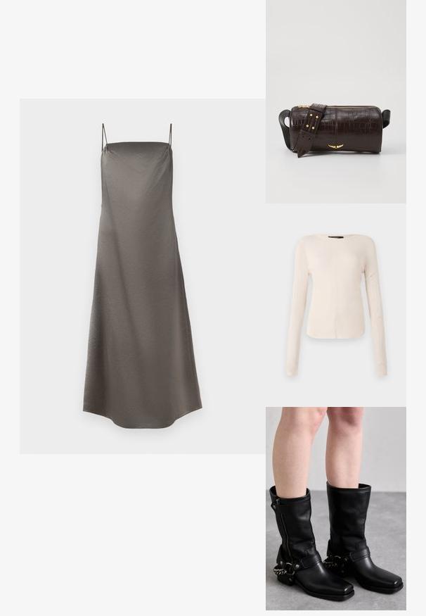 Satin slipdress in een gedempte grijstint, met dunne spaghetti-bandjes, een relaxte pasvorm en een subtiele textuur.; Langsleeve, lichtbeige top met een ronde halslijn. Gemaakt van zachte stof, heeft een centrale naad en een iets gebogen rand. Geen zichtbare hardware.; Zwarte leren laarzen tot de knie met een vierkante neus, zijrits en verstelbare band met een metalen kettingaccent. Matte afwerking en stevige zool.; Bruine krokodil-embosserende leren tas met een cilindervorm, gouden hardware en een afneembare schouderband met studs.