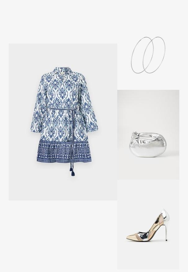 Bela obleka z modrimi cvetličnimi in geometrskimi vzorci, s ovratnikom, dolgimi rokavi, zoženim pasom in vzorčastim dnom s pritrdilnimi resicami.; Čevlji z visoko peto in konico, v barvni kombinaciji srebrne, zlate in nude. Sijajna obdelava z izrezljanim dizajnom, z igličasto peto.; Srebrna kovinska torbica z mehko, zaobljeno obliko in zavezano zgornjo zaporo. Narejena iz gladkega umetnega usnja.; Srebrne uhane v obliki obroča z minimalističnim dizajnom. Krožna oblika, gladka tekstura in tanek profil. Lahki s poliranim zaključkom.