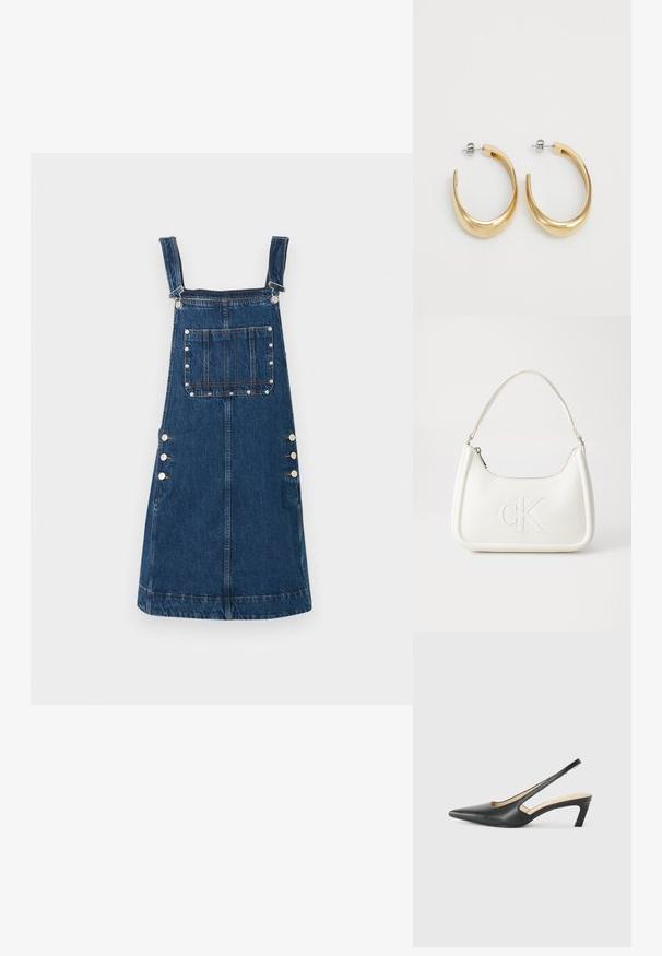 Sötétkék farmer overall ruha, állítható pántokkal, elülső zsebbels és oldalsó gombokkal az rögzítéshez. Simogatott textúra és hétköznapi dizájn.; Fekete, hegyes orrú, slingback cipő alacsony sarkával, sima bőrből készült, oldalt kivágott deisgnal a légáteresztőképesség érdekében.; Fehér bőrtáska ívelt formájú, elöl feltűnő "CK" logóval, egyetlen vállpánttal. Cipzáras zárás a tetején.; Aranyszínű karika fülbevalók sima, ívelt dizájnnal. Fémből készültek, elegáns kivitelben, és tűzáras zárással rendelkeznek.