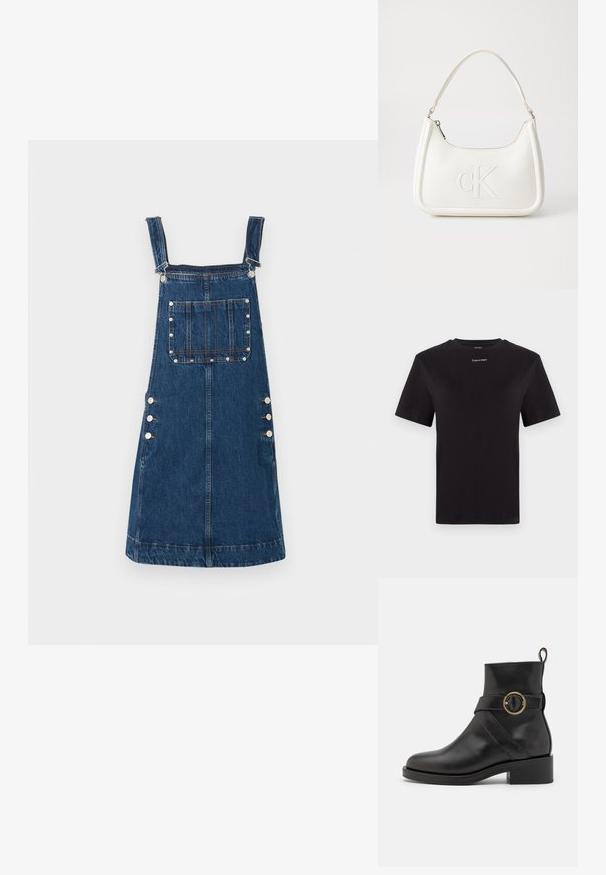 Denim overall kjole i mørkeblå, med justerbare stropper, frontlomme og sidespenner for festing. Glatt tekstur og avslappet design.; Svart bomull T-skjorte med korte ermer, rund hals og liten hvit "Calvin Klein" logo på brystet. Glatt tekstur, klassisk passform.; BOSS IRYNA BOOTIE - Platåstøvletter - black; Hvit lærveske med en buet fasong, med et preget "CK"-logo på forsiden og en enkel skulderstropp. Glidelåslukking på toppen.