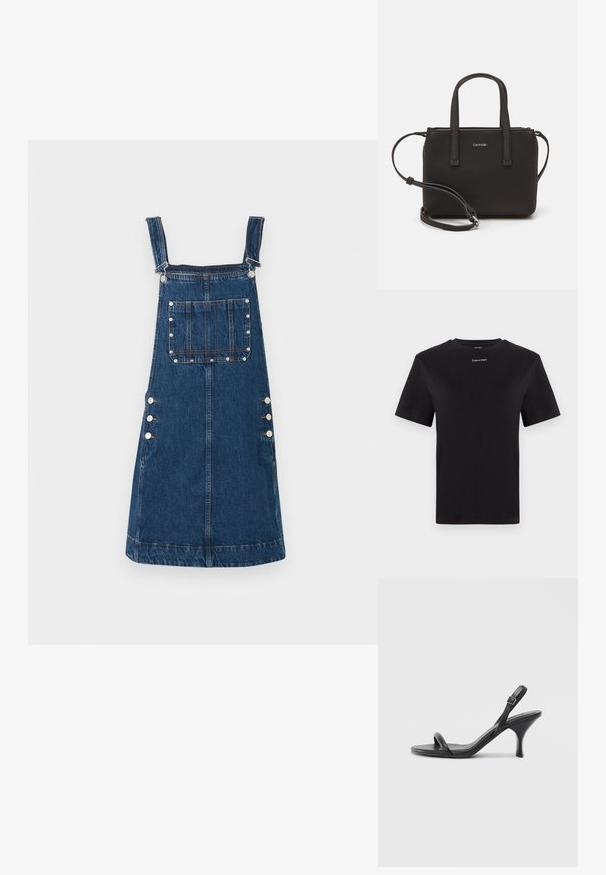 Denim overall obleka v temno modri barvi, z nastavljivimi naramnicami, sprednjim žepom in bočnimi gumbi za zapenjanje. Gladka tekstura in sproščen dizajn.; Črna bombažna majica s kratkimi rokavi, okroglim izrezom in majhnim belim logotipom "Calvin Klein" na prsih. Gladka tekstura, klasičen kroj.; Črne usnjene visoke sandale s tankim, ukrivljenim petam in obliko križanih trakov. Nastavljiv trak okoli gležnja. Gladka tekstura.; Črna torbica z dvema kratkima ročajema in odstranljivim naramnim trakom. Gladek usnju podoben material z zadrgo in podrobnostmi z logotipom.