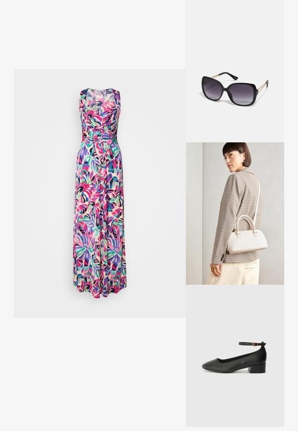 Abito lungo con corpetto aderente e gonna svasata, caratterizzato da un motivo a foglie tropicali multicolori su uno sfondo chiaro. Tessuto morbido.; Pump in pelle nera con punta affusolata e tacco basso a blocco. Presenta una cinghia alla caviglia con una fibbia in tonalità oro. Texture liscia.; Occhiali da sole neri oversize con lenti sfumate, montatura spessa e dettagli in catena dorata sulle astine.; Borsa a mano bianca strutturata con manici corti e tracolla, dotata di dettagli in metallo dorato e materiale testurizzato, esposta su uno sfondo grigio.
