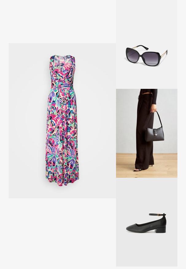Maxi suknelė su prigludusia liemenėle ir plačiu sijonu, puošta daugiakAmbario tropinių lapų raštu šviesiame fone. Lygus audinio paviršius.; Juodas odinis aukštakulnis batelis su smailiu pirštu ir žemu bloku. Su kulkšnies dirželiu su auksinės spalvos sagtimi. Lygus paviršius.; Juodos didelės saulės akinių su pereinamais objektyvais, storomis rėmeliais ir auksinės spalvos grandinėmis ant šventyklų.; Juodas rankinė struktūrizuota forma, lygi tekstūra ir metalinis užsegimas. Suporuota su plačiomis juodomis kelnėmis ir atvirais bateliais ant medinių grindų.