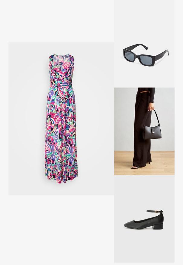 Maxikjole med tettsittende overdel og flagrende skjørt, med et flerfarget tropisk bladmønster på en lys bakgrunn. Glatt stofftekstur.; Sorte skinnpumper med spiss tå og lav blokkhelt. Har ankelrem med gullfarget spenne. Glatt tekstur.; Sorte rektangulære solbriller med mørkt tonede linser, tykk plastramme og brede stenger. Glatt overflate og vinklet design.; Svart håndveske med strukturert form, jevn tekstur og metallisk lås. Kombinert med brede svarte bukser og sandaler med åpen tå på tregulv.