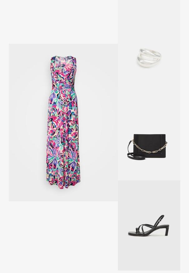 Maxikleid mit einem taillierten Oberteil und einem schwingenden Rock, das ein mehrfarbiges tropisches Blattmuster auf hellen Hintergrund zeigt. Glatte Stoffoberfläche.; Schwarze Sandale mit Riemchen, quadratischer Zehenform und niedrigem Blockabsatz. Verfügt über mehrere dünne Riemen und einen verstellbaren Knöchelriemen. Hergestellt aus glattem Leder.; Schwarze Leder-Crossbody-Tasche mit glatter Textur, rechteckiger Form und metallic-kettendetail auf der Vorderseite. Verstellbarer Gurt inklusive.; Silberner Doppelring mit einer glatten, polierten Oberfläche. Verfügt über ein fließendes, kurviges Design mit überlappenden Abschnitten für einen modernen Look.