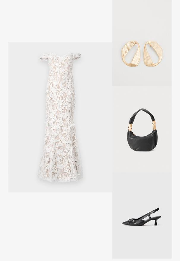 Marchesa Notte Iltapuku - ivory; Mustat nahkakengät, joissa on avonainen takaosa ja kärjessä terävä muoto, koristevyöt, joissa on metalliset reiät, sekä matala lohkoepohja. Teksturoitu pinta.; Musta nahkalaukku pyöreällä muodolla, pehmeällä pinnalla ja solmulla varustetulla kahvalla, jossa on kultasävyiset yksityiskohdat. Vetoketjusuljenta.; Pari epämuodostuneita soikeita kultasävyisiä metallikorvakoruja, joissa on teksturoitu, hieman hakattu pinta valkoista taustaa vasten.