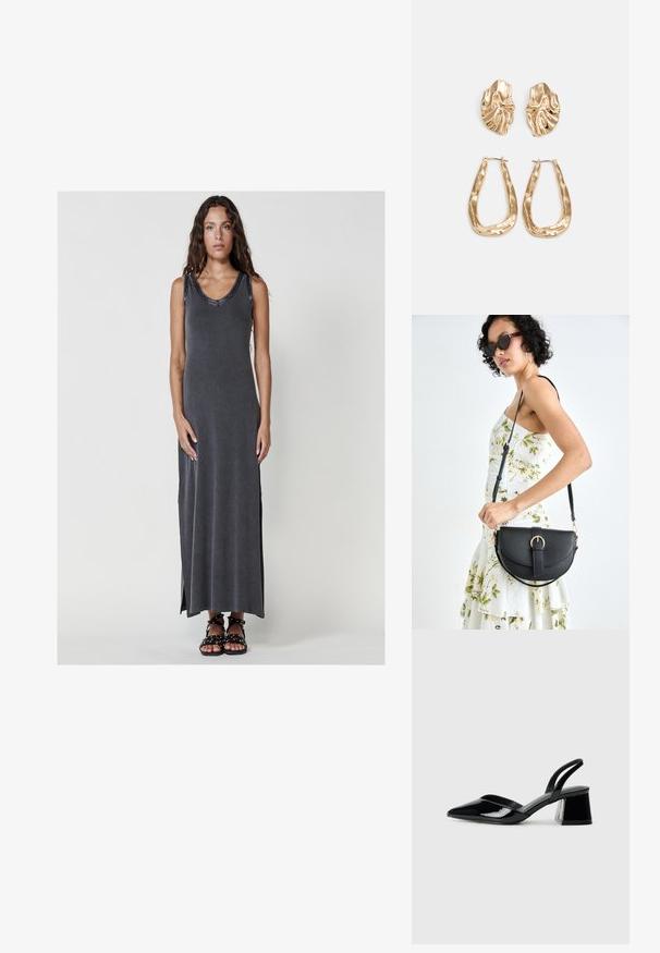 Lang, donkergrijs mouwloos jurkje met een geribbelde textuur, met een ronde hals en zijslits, gecombineerd met zwarte sandalen met bandjes.; Zwarte gepatineerde leren slingback hakken met een spitse neus en een geometrische blokhak. Kenmerkt zich door een slank, minimalistisch ontwerp en een gladde textuur.; Zwarte leren handtas met een gebogen vorm, afneembare schouderband en gouden hardware. De tas heeft een klep met een gespsluiting.; Gouden oorbellen met een getextureerd, golvend ontwerp. Bevat sculpturale clip-on studs en een open ringontwerp met een gehamerd oppervlak.