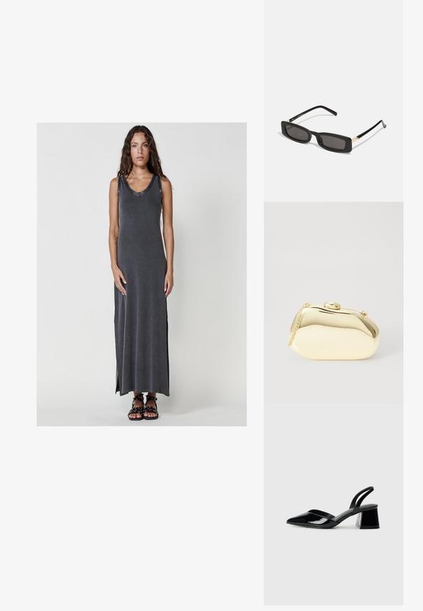 Pitkät, tummanharmaat ilman hihoja oleva mekko, jossa on ribbihäivyksellinen pinta, pyöreä kaula-aukko ja sivureiät, yhdistetty mustiin sandaaleihin, joissa on nauhat.; Mustat patentoitu nahkakengät, joissa on säären takaosa ja terävä kärki, sekä geometrinen palikkakorko. Sisältää tyylikkään, minimalistisen muotoilun ja sileän pinnan.; Mustat suorakulmion muotoiset aurinkolasit tummilla linsseillä, kiiltävillä muovikehyksillä ja kultaisilla yksityiskohdilla temppeleissä. Minimalistinen muotoilu ja virtaviivainen malli.; Metallinen kultainen clutch, jossa on sileä ja pyöreä muoto. Sen yläosassa on nappilukko ja pieni ketjuhihna kuljettamista varten.