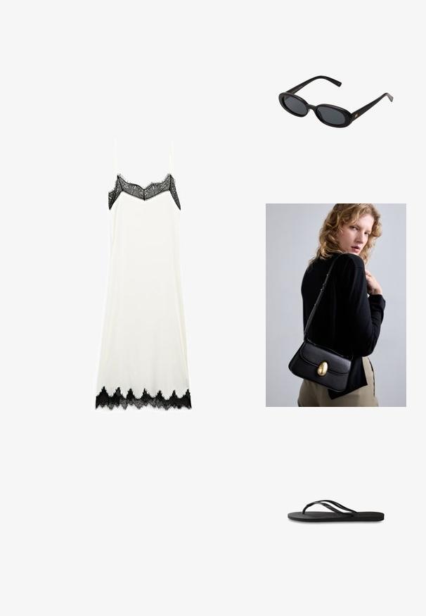 Witte slipdress met delicate zwarte kanten accenten bij de halslijn en zoom, voorzien van dunne bandjes en een gladde textuur.; Zwarte flip-flop met een gestructureerde rubberen zool, twee slanke banden en een subtiele, ingedrukte logo-detail op de band.; Zwarte oversized zonnebril met ovale lenzen, een glad plastic montuur en gouden accenten op de pootjes. Donkere lenzen bieden bescherming tegen de zon.; Zwarte leren handtas met een gebogen vorm, voorzien van een opvallende gouden ovale sluiting, een verstelbare schouderband en een minimalistisch ontwerp.
