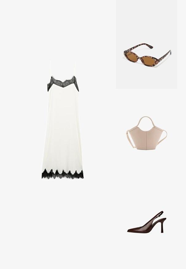 Vestito bianco in satin con delicati accenti in pizzo nero lungo il collo e l'orlo, caratterizzato da spalline sottili e una superficie liscia.; Scarpa pump slingback in pelle marrone con punta affusolata e tacco sottile. Presenta una piccola fibbia decorativa sulla cinghia e una finitura lucida.; Occhiali da sole in tartaruga con lenti ovali, tono marrone, bracci sottili con un motivo testurizzato, montatura in plastica leggera.; Borsa in pelle beige con una forma unica, caratterizzata da due manici corti e una lunga tracolla regolabile. Texture liscia con hardware minimale.