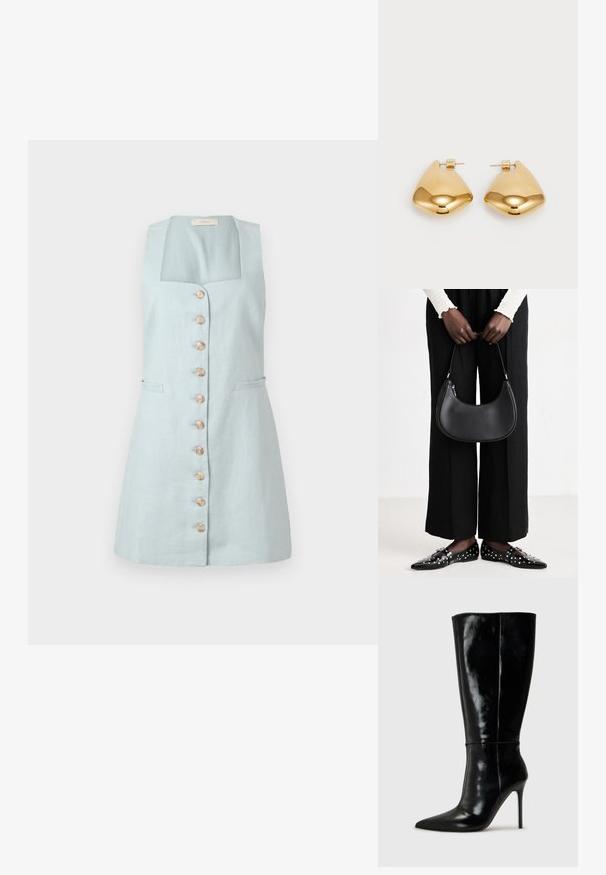 Svetlo modra lanena obleka s kvadratnim izrezom, sprednjimi gumbi in dvema stranskima žepoma. Ima prilegajoč silhueto in dolžino do kolen.; Črne usnjene škornje do kolen s koničastim nosom in visokim stiletto peto. Gladka tekstura in eleganten dizajn, ki vključuje minimalne detajle.; Črna usnjena torba za ramo z zaokroženo obliko, sijajno površino in srebrnimi dodatki. Oseba nosi črne široke hlače in loaferje s konicami.; Zlato obarvani kovinski uhani z gladko, zaobljeno trikotno obliko in zasnovo s pritrditvijo na zadnji strani; odbojna površina z minimalnim detajliranjem.