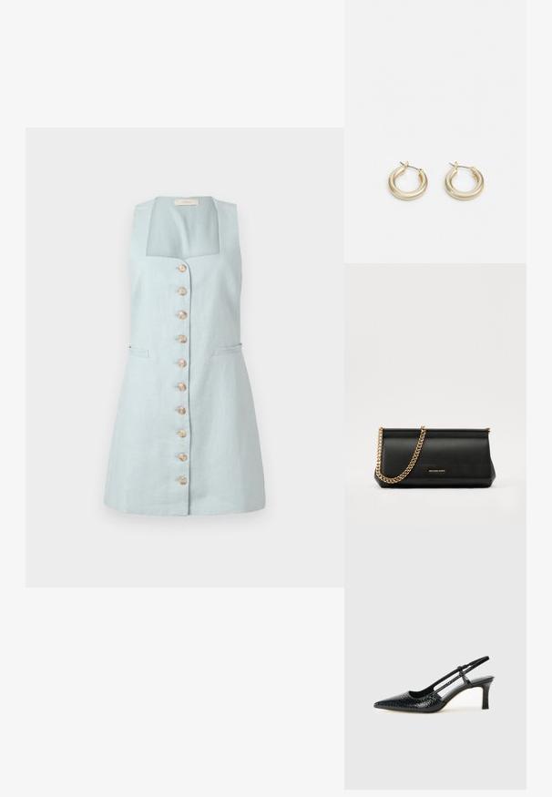 Svetlo modra lanena obleka s kvadratnim izrezom, sprednjimi gumbi in dvema stranskima žepoma. Ima prilegajoč silhueto in dolžino do kolen.; Črne lakaste slingback pete s koničastim nosom, ki imajo teksturiran vzorec kačje kože, nastavljiv trak in kratek teksturiran blok peto.; Črna usnjena torbica z zlatim verižnim trakom, z gladko teksturo, pravokotno obliko in embosiranim logotipom spredaj.; Lauren Ralph Lauren BASIC SMALL HOOP - Uhani - gold-coloured