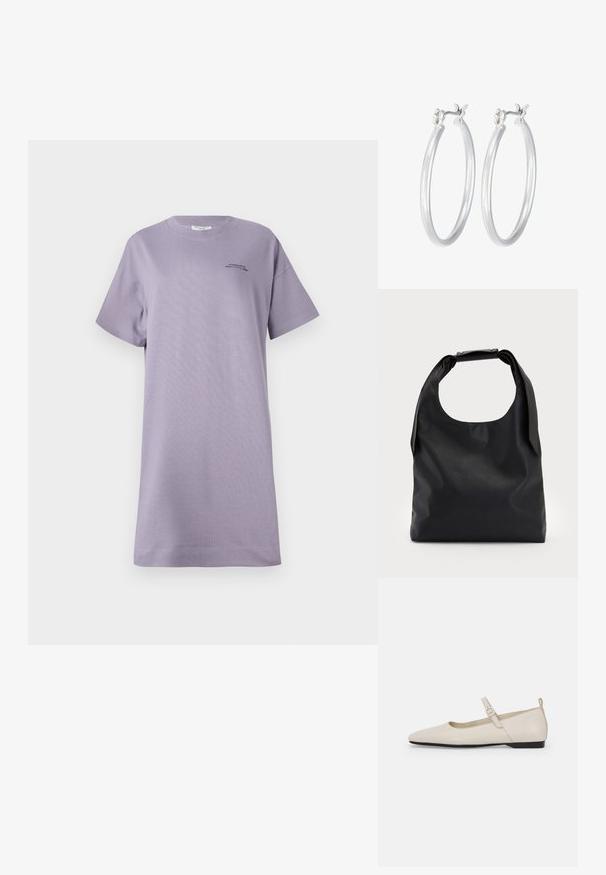 Levanduľové tričko-dress s krátkym rukávom z jemného bavlneného materiálu. Má voľný strih, okrúhly výstrih a malú čiernu logo detail na prednej strane.; Biele kožené Mary Jane balerínky s špicatou špičkou, postrannou sponou a nízkym čiernym opätkom. Hladká textúra a minimalistický dizajn.; Čierna kožená hobo taška s jedným mäkkým, zaobleným uchom; má hladkú textúru a minimalistický dizajn. Žiadne viditeľné kovanie ani akcenty.; Strieborné kruhové náušnice s hladkým, lesklým povrchom. Kolový tvar a bezpečné klikanie na uzatváranie. Ľahký dizajn vhodný na každodenné nosenie.