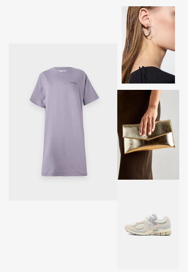 Fialové šaty s krátkým rukávem z jemné bavlny. Mají uvolněný střih, kulatý výstřih a malý černý detail s logem na přední straně.; Světlé šedé a béžové tenisky New Balance vyrobené z nappa a síťoviny, s polstrovaným límcem, silnou podrážkou a reflexními prvky. Šněrovací design.; Zlatá metalická kabelka typu clutch s hladkým povrchem, s trojúhelníkovým zavíráním. Ruka, která ji drží, má pečlivě upravené nehty.; Stříbrný kruhový náušník s lesklým povrchem, zdobený malými zlatými akcenty, v kulatém tvaru, nošený na lalůčku.