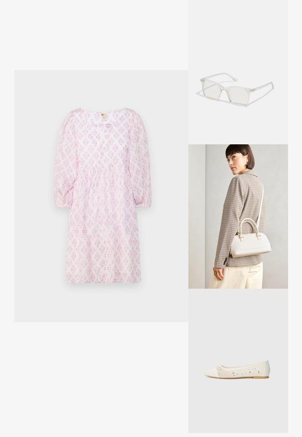 Ružičasta haljina s kratkim rukavima, cvjetnim uzorkom, okruglim izrezom, skupljenim strukom i mekanom, laganom tkaninom. Jednostavno zatvaranje na dugme sprijeda.; Balerina s izduženim vrhom od krem kože s prozirnim gornjim dijelom i raspršenim rhinestones. Mekana potplat za udobnost, minimalistički dizajn.; Prozirne plastične naočale kvadratnog okvira s prozirnim lećama, koje sadrže zlatne akcentne detalje na drškama.; Bijela strukturna torba s kratkim ručkama i remenom za rame, s zlatnim metalnim detaljima i teksturiranim materijalom, prikazana na sivoj pozadini.