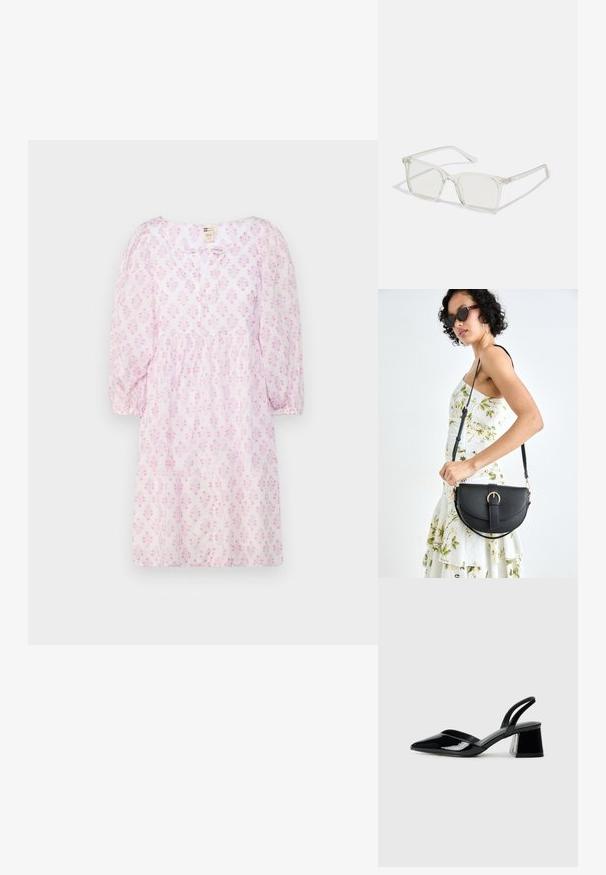 R短āmātu rožkrāsas kleita ar ziedu rakstu, apaļu kakla izgriezumu, savāktu jostasvietu un maigu, vieglu audumu. Vienkārša pogu aizdare priekšā.; Melna lakota āda ar atvērto papēdi, ar smailu purngalu un ģeometrisku blokpapēdi. Iezīmējas elegants, minimāls dizains un gluda tekstūra.; Caursplūstošas kvadrātveida brillēs ar caurspīdīgiem lēcām, ar zelta akcentiem uz tempļiem, lai pievienotu detaļas.; Melnas ādas rokassoma ar izliekta formu, noņemamu siksnu un zelta aksesuāriem. Somai ir vāciņš ar sprādzes detaļu.