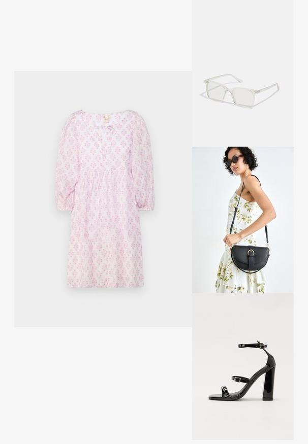 Robe rose à manches courtes avec un motif floral, col rond, taille froncée et tissu doux et léger. Fermeture simple par bouton à l'avant.; Sandales à talons vernies noires avec un bout carré, des sangles autour de la cheville et des boucles en argent. Dotées d'un talon bloc épais pour plus de stabilité.; Lunettes carrées en plastique transparent avec des verres translucides, dotées d'accents dorés sur les branches pour plus de détails.; Sac à main en cuir noir avec une forme courbée, bandoulière amovible et des accessoires en or. Le sac est doté d'un rabat avec un détail de boucle.