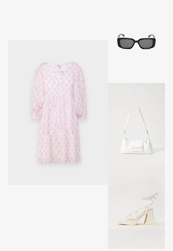 Kurzärmliges pinkes Kleid mit floralem Muster, runder Halslinie, geraffter Taille und weichem, leichtem Stoff. Einfache Knopfverschluss vorne.; Weiße High-Heel-Sandale mit einem klobigen Absatz, die über ein Riemchendesign und ein Knöchelband verfügt. Glatte Textur mit einer Plattform vorne für zusätzliche Höhe.; Schwarze rechteckige Sonnenbrille mit dunklen Gläsern, glattem Kunststoffrahmen und gebogenen Bügeln. Das Design ist klobig mit einer minimalistischen Ästhetik.; Weiße synthetische Handtasche in dreieckiger Form, flache Vorderklappe und Schleifendetail, verstellbarer Trageriemen, glatte Textur und minimalistisches Design.