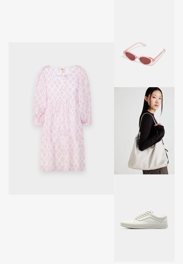 Lühikeste varrukatega roosa kleit, millel on lillemuster, ümmargune kaelus, kokku püsiv vöökoht ja pehme, kerge kangas. Lihtne nööbiga kinnitus ees.; Valge kanvasest tenniseking madala ülemise kujundusega, ümarate varvaste ja tekstureeritud kummist tallaga. Omab tugevdatud õmblusi ja hõbedaseid silmi shoelace'ide jaoks.; Roosa läbipaistvusega prillid ovaalsete läätsedega, tumepunase varjundiga ja peenikeste varsidega, millel on sile viimistlus ja peened detailid raamile.; Bež käekott pehme materjali, millel on lõtv disain, õmblustega detailid ja kaks õlarihma. Sobib igapäevaseks kasutamiseks.