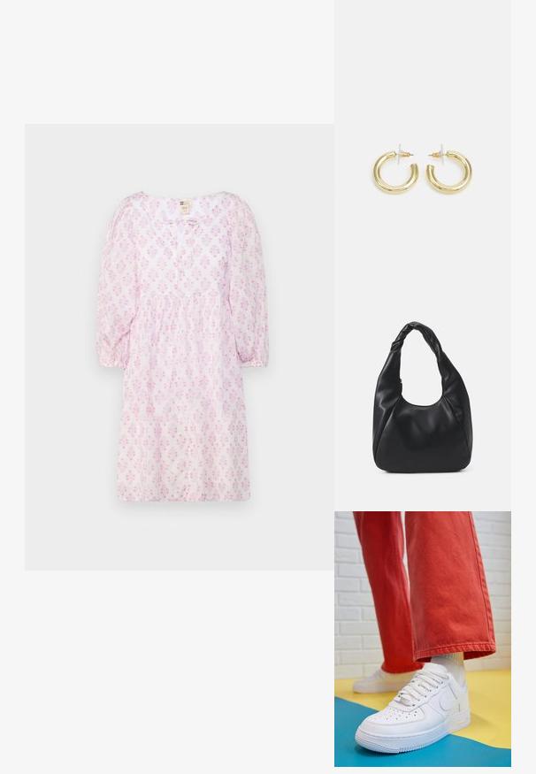 Short-sleeve pink dress with floral pattern, round neckline, gathered waist, and soft, lightweight fabric. Simple button closure at the front.; White leather sneaker with perforated toe box, textured sole, and white laces, paired with wide red pants and a blue and yellow background.; Black hobo bag made of smooth leather-like material with a twisted handle, featuring a soft, rounded shape and a top zipper closure.; Gold hoop earrings with a smooth, shiny finish. Circular design featuring a small post and clear backing for secure wear.